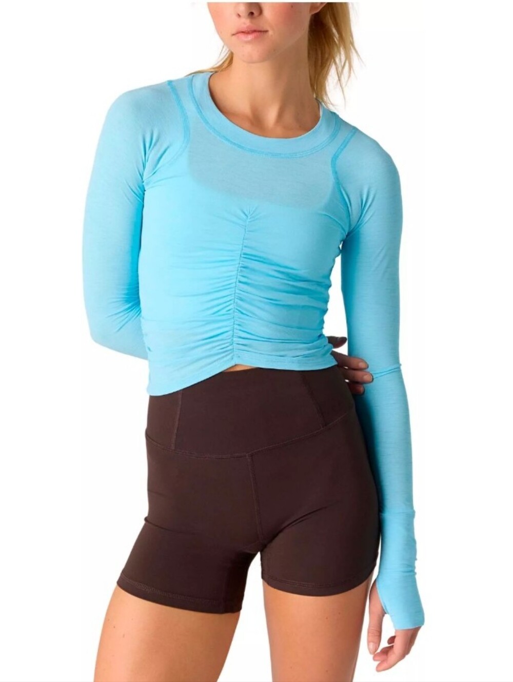 FP Movement Tempo Ruched Long Sleeve Top In Bright Blue, NWT